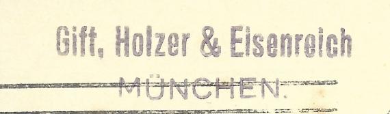 Postkarte geschäftlicher Art der Firma Gift, Holzer & Eisenreich - versandt am 4. Februar 1913 - Ausschnittvergrößerung Firmenname