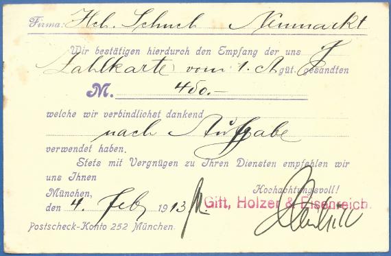 Postkarte geschäftlicher Art der Firma Gift, Holzer & Eisenreich - versandt am 4. Februar 1913 - Kartenrückseite