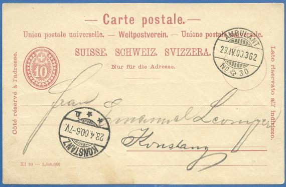 Postcard of private nature from Emanuel Levinger to his wife Helene Levinger - mailed April 23, 1900.