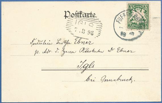 Ansichtskarte Fürth - Stadtpark - Dr. Julius Prager Historische Ansichtskarte aus Fürth mit dem Stadtpark, - versandt von Dr. Julius Prager nach Igls bei Innsbruck am 6. August 1898 - Kartenrückseite