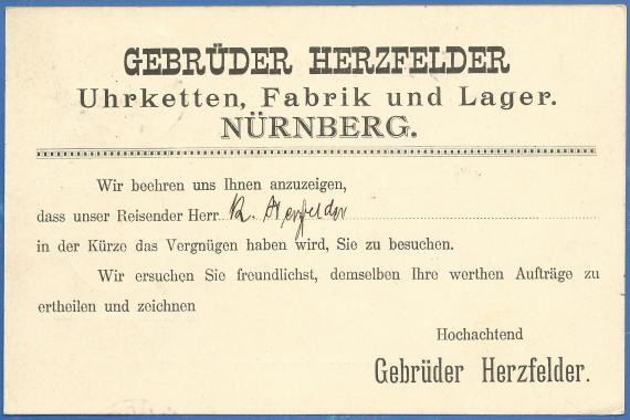 Postcard of business nature of the Herzfelder brothers, watch chains, factory and warehouse in Nuremberg, - mailed to Switzerland on May 11, 1894 - back of card