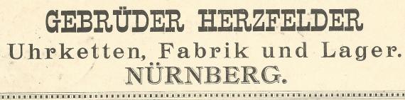 Postkarte geschäftlicher Art der Gebrüder Herzfelder, Uhrketten, Fabrik und Lager in Nürnberg, - versandt in die Schweiz am 11. Mai 1894  -  Ausschnittvergrößerung Firmentitel