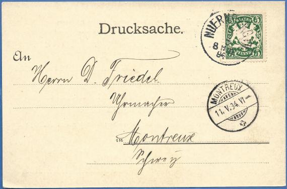 Postcard of business nature of the Herzfelder brothers, watch chains, factory and warehouse in Nuremberg, - sent to Switzerland on May 11, 1894