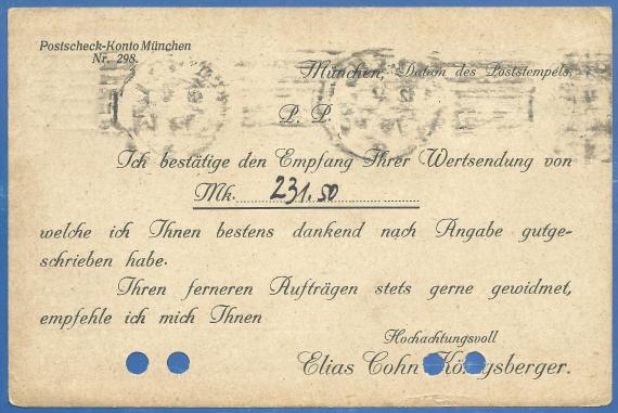 Geschäftspostkarte von Elias Cohn Königsberger, - versandt am 12. Mai 1921  -  Kartenrückseite