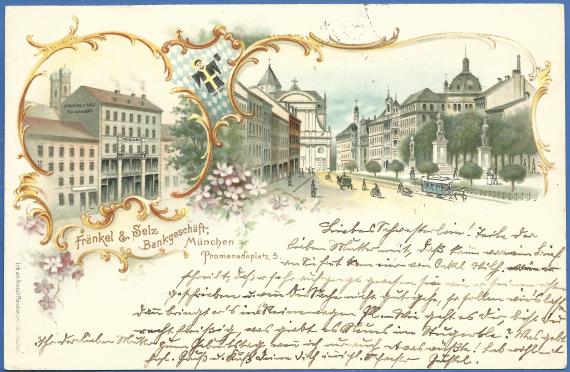 Historische Ansichtskarte aus München mit dem Bankgeschäft Fränkel & Selz am Promenadeplatz 5 -  aus der Zeit um 1900