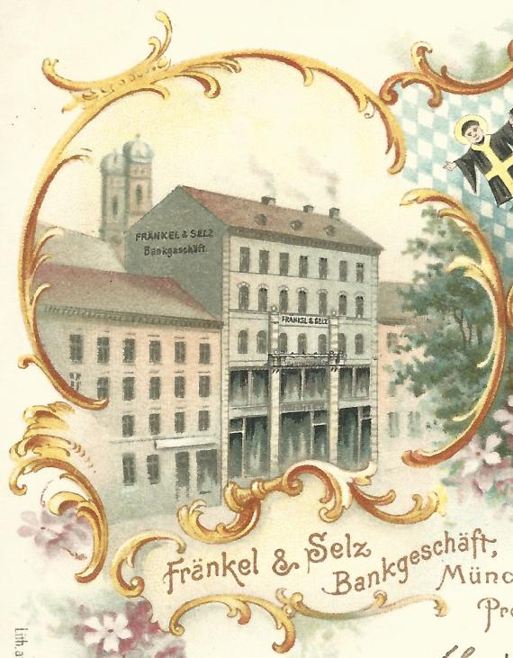 Ansichtskarte - Fränkel & Selz Historical picture postcard from Munich with the bank store Fränkel & Selz at Promenadeplatz 5 - from around 1900 - detail enlargement