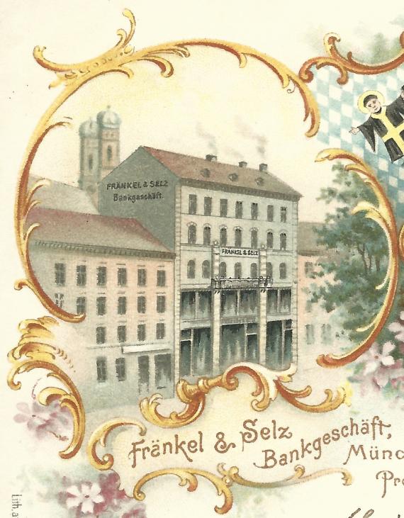 Historische Ansichtskarte aus München mit dem Bankgeschäft Fränkel & Selz am Promenadeplatz 5 -  aus der Zeit um 1900 - Ausschnittvergrößerung