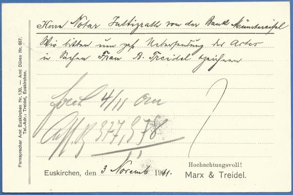 Postkarte - Marx & Treidel Postkarte von Marx & Treidel, Euskirchen, - versandt am 3. November 1911 - Kartenrückseite