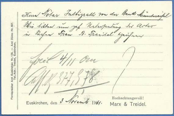 Postkarte von Marx & Treidel, Euskirchen, - versandt am 3. November 1911  -  Kartenrückseite