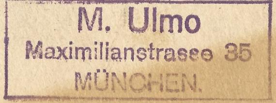 Postkarte geschäftlicher Art von M. Ulmo Sylvain Löb Nachfolger, München - versandt am 5. September 1919 - Ausschnittvergrößerung Firmenadresse