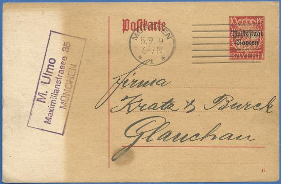 Postkarte geschäftlicher Art von M. Ulmo Sylvain Löb Nachfolger, München - versandt am 5. September 1919 