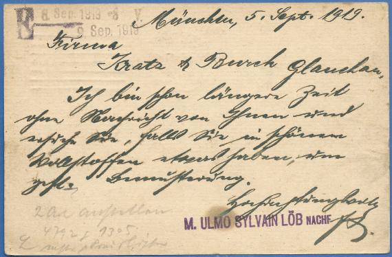 Postcard of a business nature from M. Ulmo Sylvain Löb Nachfolger, Munich - mailed September 5, 1919 - back of postcard