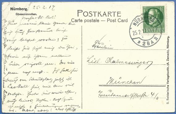 Picture postcard from Nuremberg with the goose man to Lisl Thalmessinger - sent on February 25, 1917