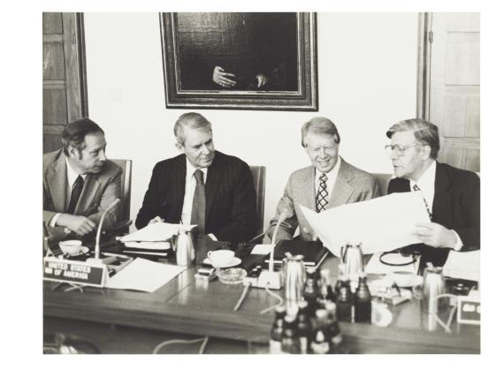 Blumenthal with Jimmy Carter and others at the table