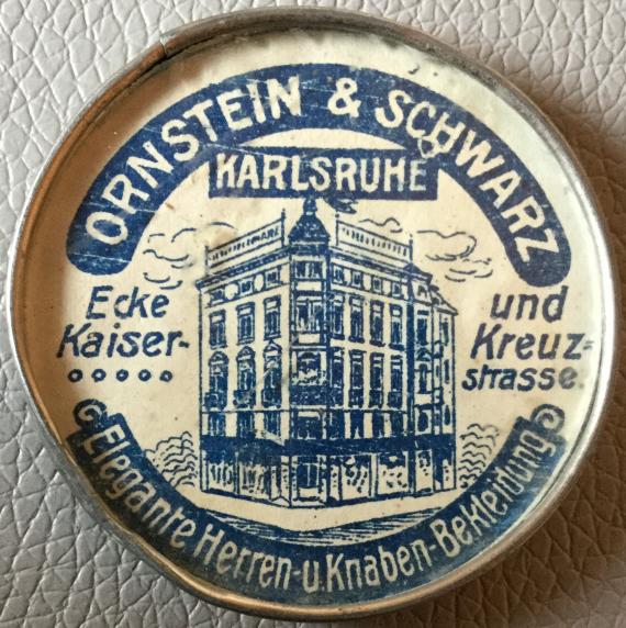 Kleiner Hand- Taschenspiegel mit Werbung " Ornstein & Schwarz - Elegante Herren- u. Knaben-Bekleidung " aus der Zeit um 1920 - rückseitig kleiner Spiegel