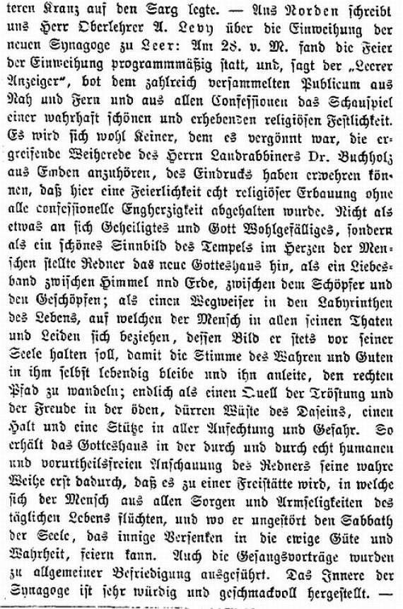 Artikel in der "Allgemeinen Zeitung des Judentums" vom 16. Juni 1885: Zur Einweihung der Synagoge