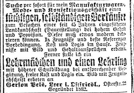 Anzeige in der "CV-Zeitung" vom 19. Oktober 1928: "Suche per sofort für mein Manufakturwaren-, Mode- und Konfektionsgeschäft einen tüchtigen, selbstständigen Verkäufer [...]"