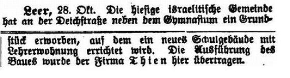 Article in the journal "Der Israelit" of November 4, 1909: "A plot of land was acquired for the construction of a new Jewish school".