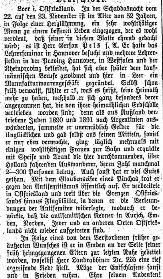 Article in the journal "Der Israelit" of December 11, 1902: Death notice of Gerson Pels