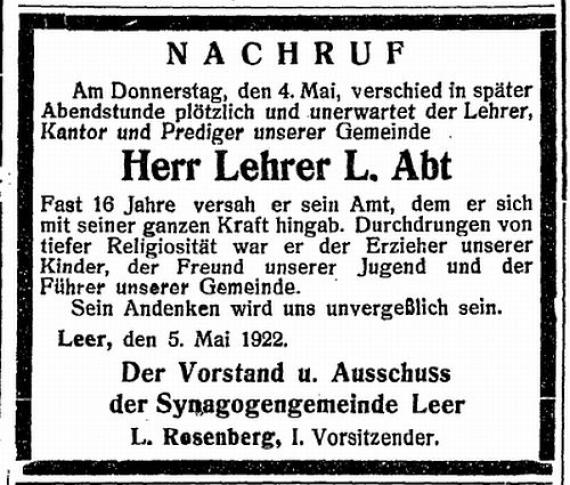 Traueranzeige des Lehrers Lasser Abt, der von 1906 bis 1922 die jüdische Schule in Leer leitete - erschienen in der Zeitschrift "Der Israelit"