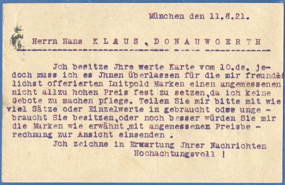 Postkarte geschäftlicher Art von Louis Heilbronner - versandt am 11. August 1921 - Kartenrückseite