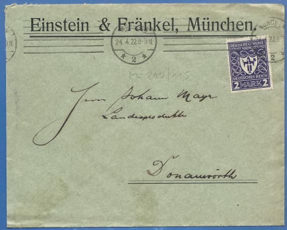 Briefumschlag - Einstein & Fränkel Briefumschlag der Firma Einstein & Fränkel, - versandt am 24. April 1922