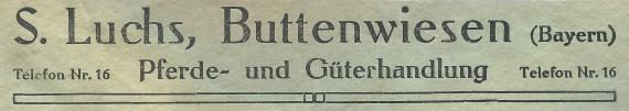 Briefumschlag - S. Luchs Briefumschlag der Pferde- und Güterhandlung S. Luchs, Buttenwiesen, - versandt am 28. November 1921 - Ausschnittvergrößerung Firmenanschrift