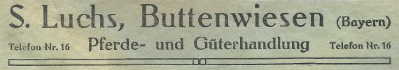 Briefumschlag der Pferde- und Güterhandlung S. Luchs, Buttenwiesen, - versandt am 28. November 1921 - Ausschnittvergrößerung Firmenanschrift