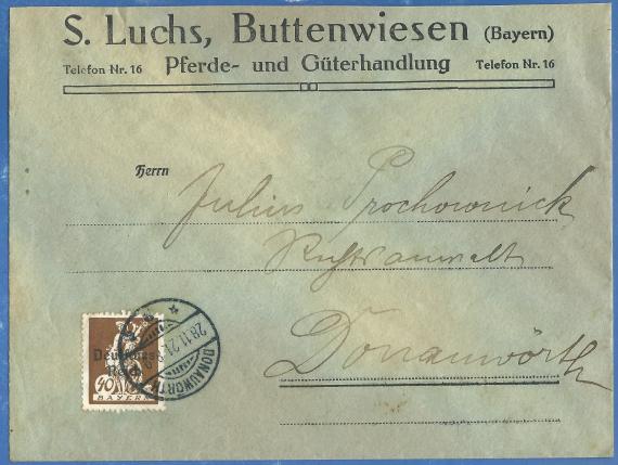 Briefumschlag - S. Luchs, Buttenwiesen Briefumschlag der Pferde- und Güterhandlung S. Luchs, Buttenwiesen, - versandt am 28. November 1921