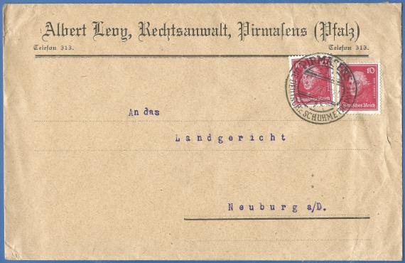 Briefumschlag von Rechtsanwalt Albert Levy in Pirmasens, - versandt am 15. März 1927