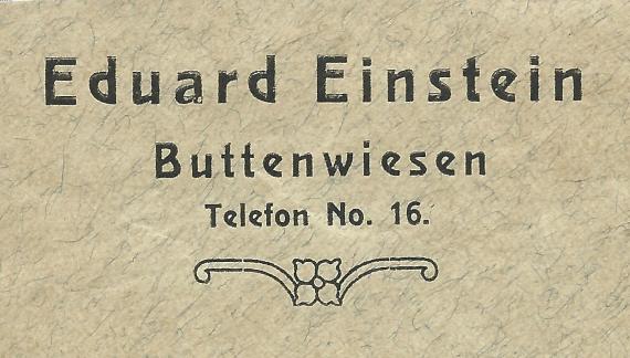 Envelope of the cattle shop and butchery of Eduard Einstein in Buttenwiesen, - mailed on May 18, 1906, - cut-out enlargement company name