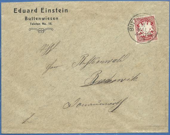 Envelope of the cattle shop and butchery of Eduard Einstein in Buttenwiesen, - mailed on May 18, 1906