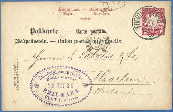 Postcard of a business nature from the Heilbronnthal mirror factory - Emil Marx, - mailed on October 20, 1889