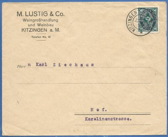 Envelope of the wine wholesaler M. Lustig & Co in Kitzingen, - mailed on January 31, 1923