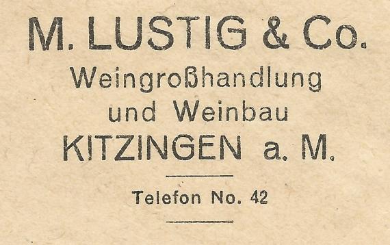 Briefumschlag - M. Lustig & Co Briefumschlag der Weingroßhandlung M. Lustig & Co in Kitzingen, - versandt am 31. Januar 1923 - Ausschnittvergrößerung Firmenadresse