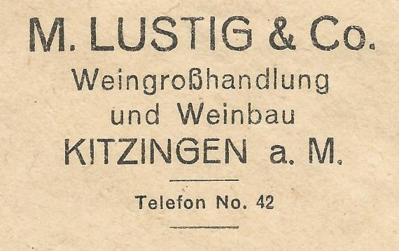 Briefumschlag der Weingroßhandlung M. Lustig & Co in Kitzingen, - versandt am 31. Januar 1923  - Ausschnittvergrößerung Firmenadresse