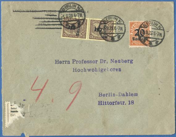 Envelope to Professor Dr. Neuberg, Hochwohlgeboren, Berlin - Dahlem, Hittorfstraße 18, - mailed September 3, 1923