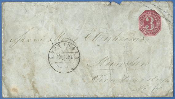 Envelope addressed to Mr. Moses Ettenheimer in Munich, - mailed on December 9, 1873