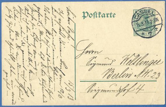 Postkarte an Herrn Sigmund Weltlinger in Berlin, Siegmundshof 4, - versandt am 15. März 1913