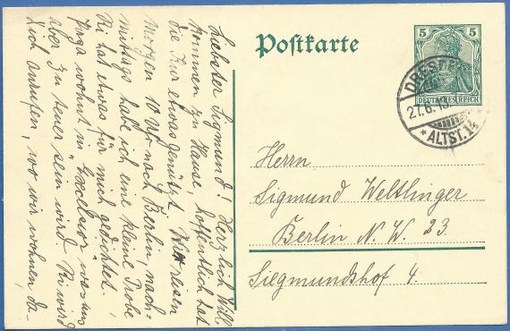 Postcard to Mr. Sigmund Weltlinger, Berlin, Siegmundshof 4, - mailed on June 27, 1913