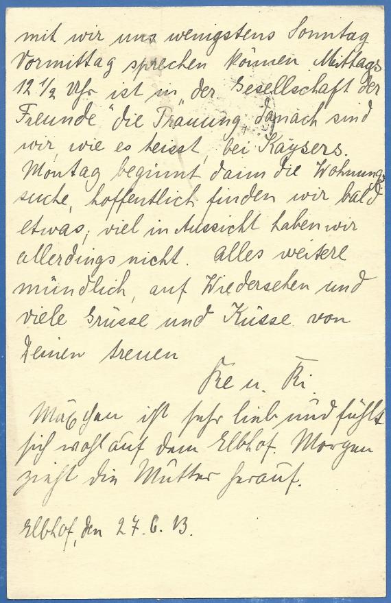 Postkarte an Herrn Sigmund Weltlinger, Berlin, Siegmundshof 4, - versandt am 27. juni 1913  -  Kartenrückseite