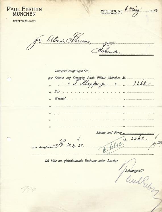 Geschäftsschreiben - Paul Ebstein Geschäftsschreiben der Firma Paul Ebstein, München vom 6. März 1922