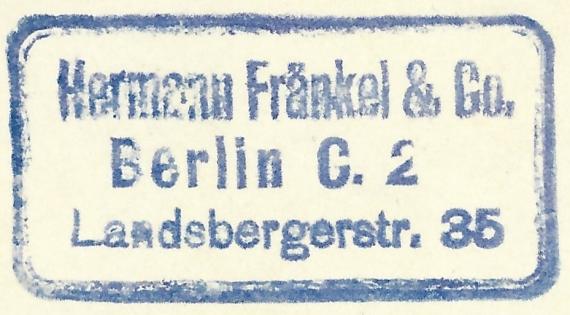 Postkarte der Firma Hermann Fränkel & Co, - versandt am 24. November1938  - Ausschnittvergrößerung Firmenstempel