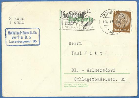 Postkarte der Firma Hermann Fränkel & Co, - versandt am 24. November1938  