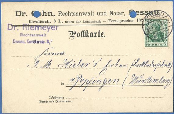 Geschäftspostkarte von Dr. Cohn - Dr. Riemayer in Dessau, - versandt am 28. Januar 1913  