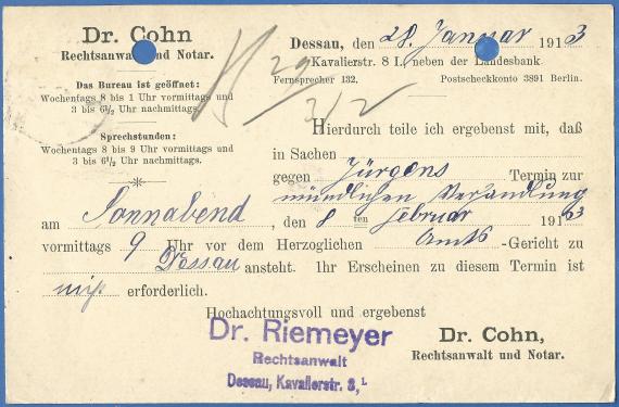 Geschäftspostkarte von Dr. Cohn - Dr. Riemayer in Dessau, - versandt am 28. Januar 1913  - Kartenrückseite