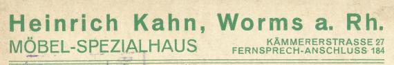 Postkarte - Heinrich Kahn Geschäftspostkarte vom Möbel-Spezialhaus Heinrich Kahn in Worms, - versandt am 6. Dezember 1919 - Ausschnittvergrößerung Firmenadresse