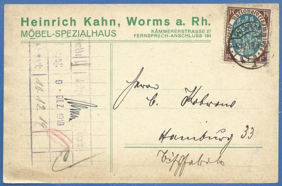 Business postcard from the furniture specialty store Heinrich Kahn in Worms, - mailed on December 6, 1919