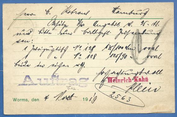 Postkarte - Heinrich Kahn Geschäftspostkarte vom Möbel-Spezialhaus Heinrich Kahn in Worms, - versandt am 6. Dezember 1919 - Kartenrückseite