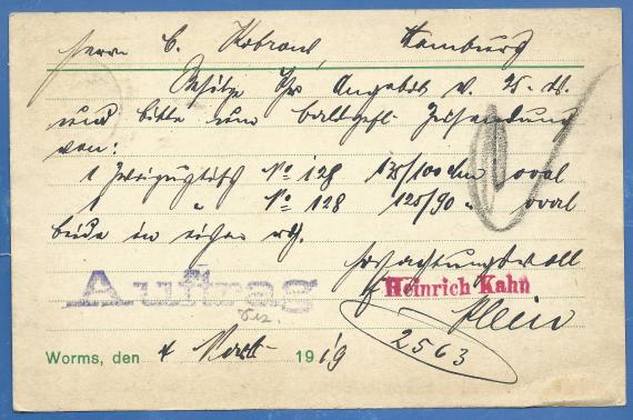 Business postcard from the furniture specialty store Heinrich Kahn in Worms, - mailed December 6, 1919 - back of card